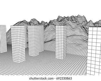 Abstract polygonal landscape and cityscape with connecting lines. Wireframe connection structure. Futuristic illustration.