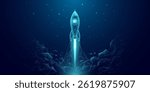 Abstract polygonal launch rocket with AI chip. Artificial Intelligence innovation and boosting concept. Machine learning spaceship. Digital technology dark blue background. Vector wireframe tech bg.