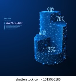 Abstract polygonal light of 3D Pie chart infographic. Business wireframe mesh spheres from flying debris. Info data concept. Blue structure style vector illustration.