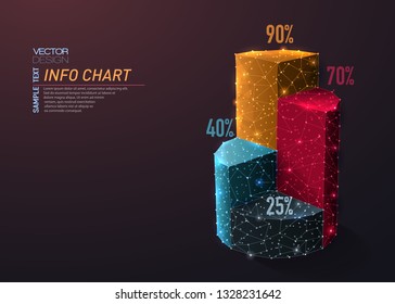 Abstract polygonal light of 3D Pie chart infographic. Business wireframe mesh spheres from flying debris. Info data concept. Colorful structure style vector illustration.