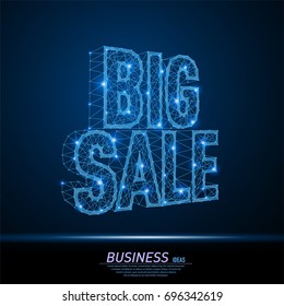 Abstract polygonal light 3D vector text of sale. Business wireframe mesh spheres from flying debris. Discount price offer concept. Blue structure style vector illustration.