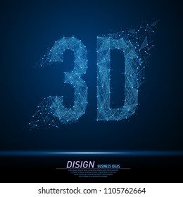 Abstract polygonal light 3D word sign. Business wireframe mesh spheres from flying debris. Three dimensional technologies concept. Blue structure style vector illustration.