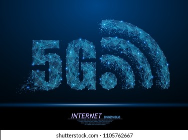 Abstract Polygonal Light 5G WiFi Sign. Business Wireframe Mesh Spheres From Flying Debris. 5th Generation Wireless Internet Network Connection Concept. Blue Structure Style Vector Illustration.