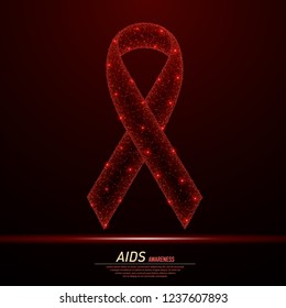 Abstract polygonal light of AIDS awareness ribbon. Business wireframe mesh spheres from flying debris. 1 december world aids day symbol. Red structure style vector illustration.