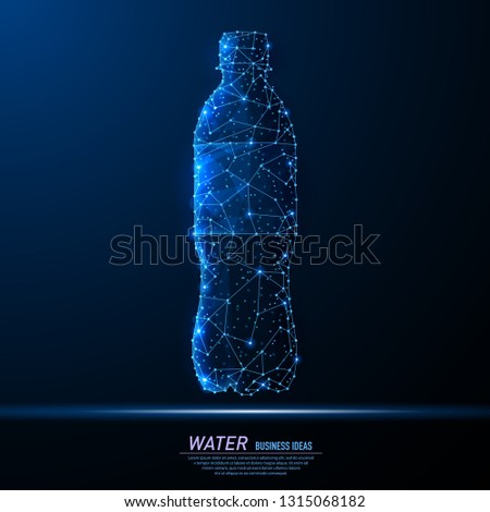 Abstract polygonal light of bottle with clean mineral water. Business wireframe mesh spheres from flying debris. Wellness lifestyle concept. Blue structure style vector illustration.