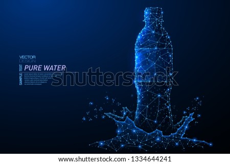 Abstract polygonal light of bottle with clean mineral water and splash. Business wireframe mesh spheres from flying debris. Wellness lifestyle concept. Blue structure style vector illustration.