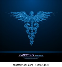 Abstract polygonal light of Caduceus health symbol. Business wireframe mesh spheres from flying debris. Medical concept. Blue structure style vector illustration with geometry triangles.