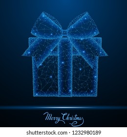 Luz poligonal abstracta de la caja de regalo de Navidad baja poly. Esferas de malla alambrada de negocios a partir de escombros voladores. Nuevo concepto de vacaciones de año. Ilustración vectorial de estilo de estructura azul.
