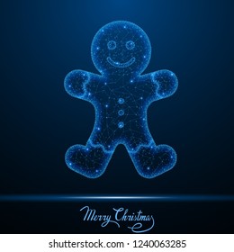 Abstract polygonal light of Christmas low poly gingerbread man cookie. Business wireframe mesh spheres from flying debris. New year holiday concept. Blue structure style vector illustration.