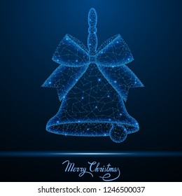 Abstract polygonal light of Christmas low poly bells with bow. Business wireframe mesh spheres from flying debris. New year holiday concept. Blue structure style vector illustration.