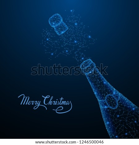 Abstract polygonal light of Christmas low poly champagne explosion. Business wireframe mesh spheres from flying debris. New year holiday concept. Blue structure style vector illustration.