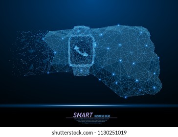 Abstract polygonal light chronometer or smart watch, on hand. Business wireframe mesh spheres from flying debris. New gadget or technology progress concept. Blue structure style vector illustration.