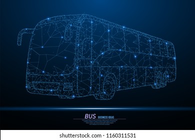 Abstract polygonal light of City bus. Business wireframe mesh spheres from flying debris. Travel or transportation concept. Blue structure style raster illustration with geometry triangles.