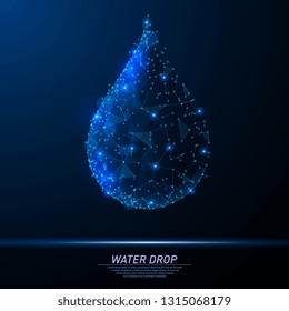 Abstraktes polygonales Licht des sauberen Wassertropfens. Business Wireframe Maschendraht Kugeln aus fliegenden Trümmern. Wassertropfen Wassertropfen Wassertropfen Konzept. Blaue Strukturstil, Vektorgrafik.