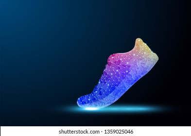 Abstract polygonal light of close up  shoes.Trendy abstract wireframe with blue shoe on black background. Abstract connection structure. Wireframe background. Trendy modern design.