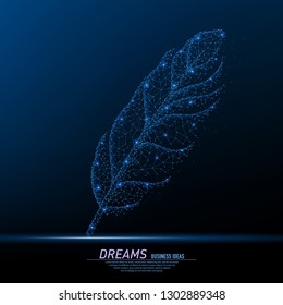 Abstract polygonal light of closeup bird feather as pen. Business wireframe mesh spheres from flying debris. Creation of works concept. Blue structure style vector illustration.
