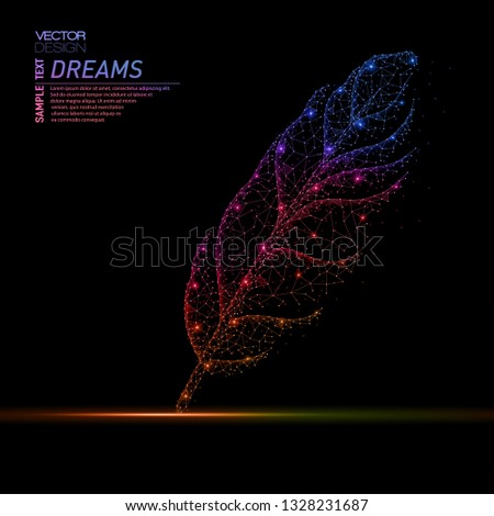 Abstract polygonal light of closeup bird feather as pen. Business wireframe mesh spheres from flying debris. Creation of works concept. Colorful structure style vector illustration on black.