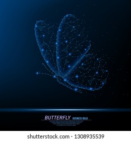 Abstract polygonal light of closeup butterfly. Business wireframe mesh spheres from flying debris. Infinity concept. Blue structure style vector illustration.