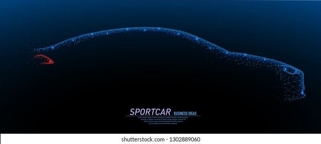 Abstract polygonal light of closeup realistic car side view in the dark. Business wireframe mesh spheres from flying debris. Sportcar silhouette concept. Blue structure style vector illustration.