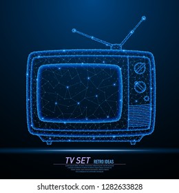 Abstract polygonal light of closeup retro TV set. Business wireframe mesh spheres from flying debris. Vintage television concept. Blue structure style vector illustration.