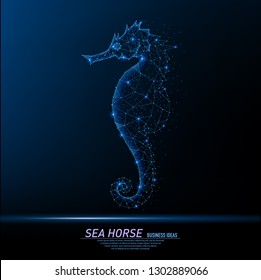 Abstract polygonal light of closeup sea horse. Business wireframe mesh spheres from flying debris. Implementation plans concept. Blue structure style vector illustration.
