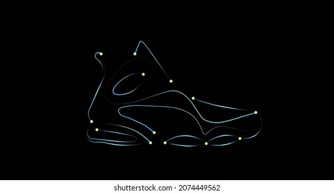Resumen de la luz poligonal de los zapatos de cierre. Zapatillas azules y un alambre abstracto de moda sobre un fondo negro. Estructura de conexión abstracta.