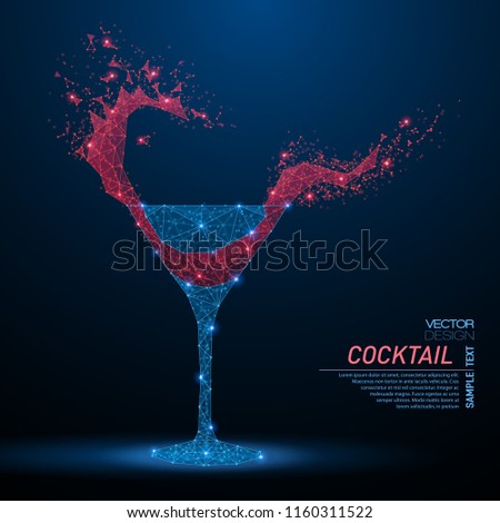 Abstract polygonal light of cocktail in glass with splashes. Business wireframe mesh spheres from flying debris. Night party concept. Blue structure style vector illustration with geometry triangles.