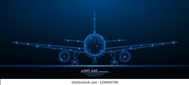 Abstract polygonal light of commercial airliner front veiw. Business wireframe mesh spheres from flying debris. Travel concept. Blue structure style vector illustration.