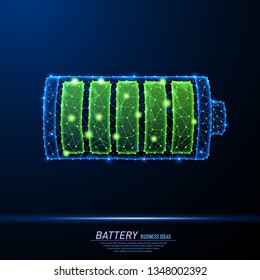 Abstract polygonal light design of battery charging icon. Business wireframe mesh spheres from flying debris. Charging nergy sign concept. Blue structure style vector illustration.