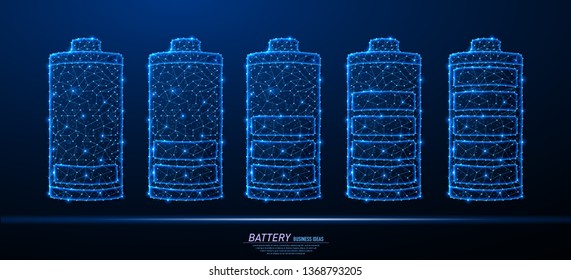 Abstract polygonal light design of battery charge icons set. Business low poly mesh from flying debris. Different charging stages concept. Blue lines, dots structure style vector 3D illustration.