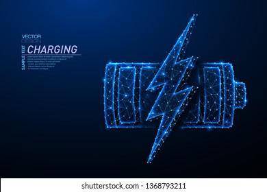 Abstract polygonal light design of battery with lightning symbol. Business wireframe mesh spheres from flying debris. Energy charge concept. Blue lines,dots structure style vector 3D illustration.