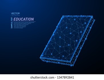 Abstract polygonal light design of book. Business low poly wireframe mesh spheres from flying debris. Education, learning concept. Blue lines, dots structure style vector illustration.