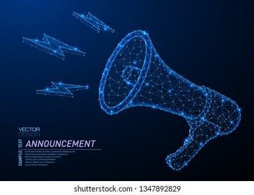 Abstract polygonal light design of bullhorn or megaphone. Business low poly mesh spheres from flying debris. Promotion advertisement concept. Blue lines, dots structure style vector illustration.