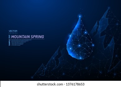 Abstract polygonal light design of clean water drop from mountain source. Business mesh spheres from flying debris. Mountain spring concept. Blue lines,dots structure style vector 3D illustration.