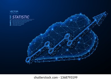 Abstract polygonal light design of cloud storage with rising up arrow. Business wireframe mesh spheres from flying debris. Statistic concept. Blue lines,dots structure style vector 3D illustration.