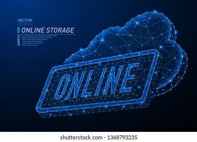 Abstract polygonal light design of cloud storage online word. Business wireframe mesh spheres from flying debris. On-line storage concept. Blue lines,dots structure style vector 3D illustration.