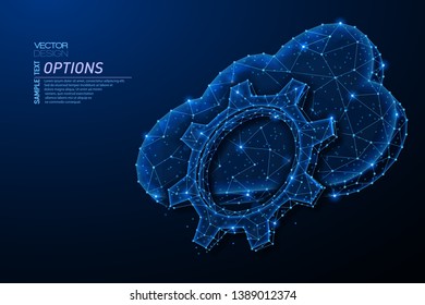 Abstract polygonal light design of cloud storage with gear cog sign. Business wireframe mesh spheres from flying debris. Options concept. Blue lines,dots structure style vector 3D illustration.