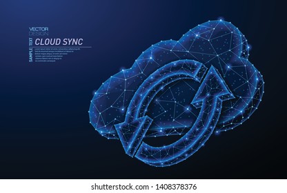 Abstract polygonal light design of cloud storage with sync sign. Business wireframe mesh spheres from flying debris. Update, refresh concept. Blue lines,dots structure style vector 3D illustration.