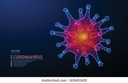 Abstract polygonal light design of coronavirus cells. Low poly wireframe mesh spheres from flying debris. Virus detection concept. Blue lines structure virus vector illustration.