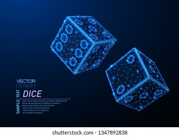 Abstract polygonal light design of game dice in flight. Business low poly wireframe mesh spheres from flying debris. Casino gambling concept. Blue lines, dots structure style vector illustration.