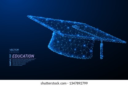 Abstract polygonal light design of Graduation cap. Business low poly wireframe mesh spheres from flying debris. Education, learning concept. Blue lines, dots structure style vector illustration.