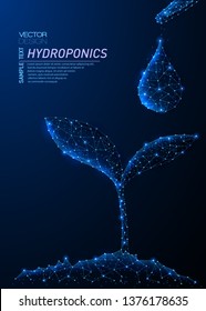 Abstract polygonal light design of growing sprout and clean water drop. Business mesh spheres from flying debris. Hydroponics concept. Blue lines,dots structure style vector 3D illustration.