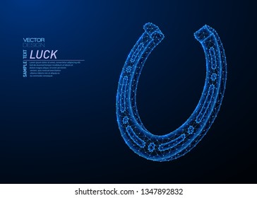 Abstract polygonal light design of horseshoe. Business low poly wireframe mesh spheres from flying debris. Luck concept. Blue lines, dots structure style vector illustration.