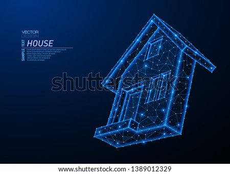 Abstract polygonal light design of house building symbol. Business low poly wireframe mesh from flying debris. Real estate concept. Blue lines, dots structure style vector 3D illustration.
