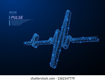 Diseño abstracto de luz poligonal de onda de pulso humana. Malla de alambre de bajo perfil de negocios de escombros voladores. Concepto de diagrama de latidos cardíacos. Líneas azules, estilo de estructura de puntos ilustración vectorial 3D.