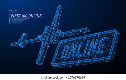 Abstract polygonal light design of human pulse wave with online word board sign. Business low poly mesh from flying debris. Online first aid concept. Blue lines, dots style vector 3D illustration.