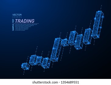 Abstract polygonal light design of japanese candlesticks. Business low poly wireframe mesh spheres from flying debris. Stock market trading concept. Blue lines structure style vector illustration.