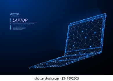 Abstract polygonal light design of laptop with glowing screen. Business low poly wireframe mesh spheres from flying debris. Open notebook concept. Blue lines structure style vector illustration.