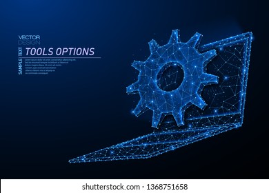 Abstract polygonal light design of laptop with cog gears. Business mesh spheres from flying debris. Laptop tools option concept. Blue lines, dots structure style vector 3D illustration.