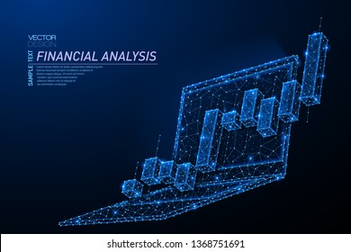 Abstract polygonal light design of laptop with stock market investment chart. Business mesh spheres from flying debris. Mobile trade concept. Blue lines, dots structure style vector 3D illustration.